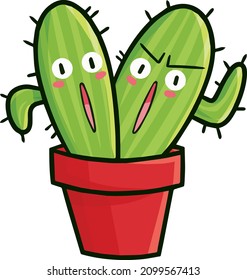 Funny two cactus characters in a red pot
