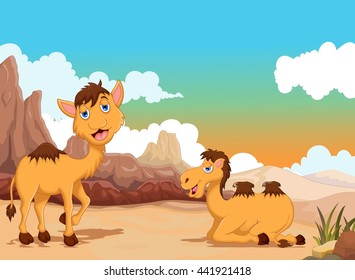 funny two camel cartoon with desert landscape background