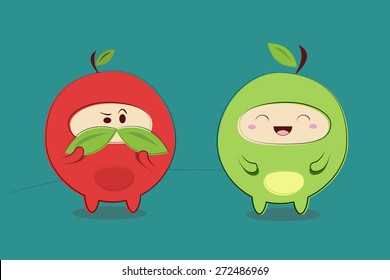 Funny two cartoon red and green apple characters in the Japanese style, vector illustration. Character with mustache, humor.