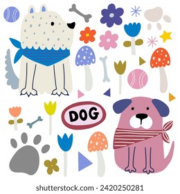 Funny two dog, colorful flat illustration. Cute doggies and additional design elements, flowers.