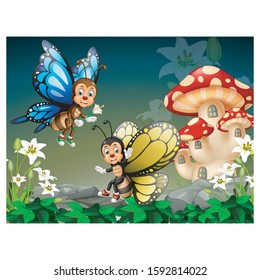 Funny Two Flying Butterfly With Rock, Flower, And Red Mushroom House Cartoon