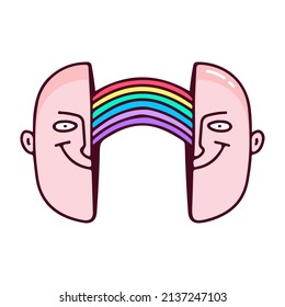Funny Two half bald man head with rainbow inside, illustration for t-shirt, street wear, sticker, or apparel merchandise. With doodle, retro, and cartoon style.