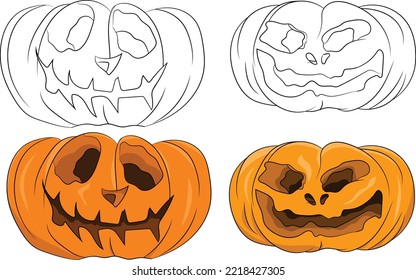 Funny Two hand drawn Pumpkin with Sketch isolated in a white background vector illustration, Funny Halloween Fruit Drawing