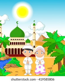 funny two muslims in front of mosque landscape background