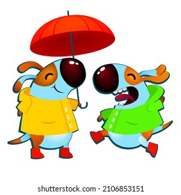 dos cachorros graciosos con ropa y botas de goma rojas. perros adorables con paraguas de fondo blanco. ilustración vectorial colorida.