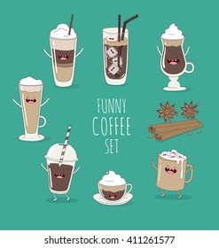 Funny type of coffee. Friends forever. Vector illustration. Comic character. Use for card, poster, banner, web design and print on t-shirt. Easy to edit.