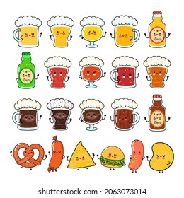 Funny types of beer and snack characters bundle set. Vector hand drawn doodle style cartoon character illustration icon design. Cute beer, pretzel, sausage, hamburger, nachos and chips