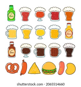 Divertidos tipos de cerveza y bocadillos de caracteres conjunto. Diseño de iconos de ilustración de caricaturas con estilo de doodle dibujado a mano por vectores. Cerveza, pretzel, salchicha, hamburguesa, nachos y chips