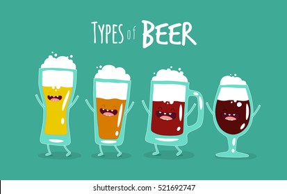 Funny types of beer. Vector illustrations. You can use in the menu, in the shop, in the bar, the card or stickers.