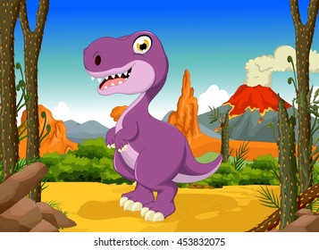 funny tyrannosaurs cartoon with forest landscape background