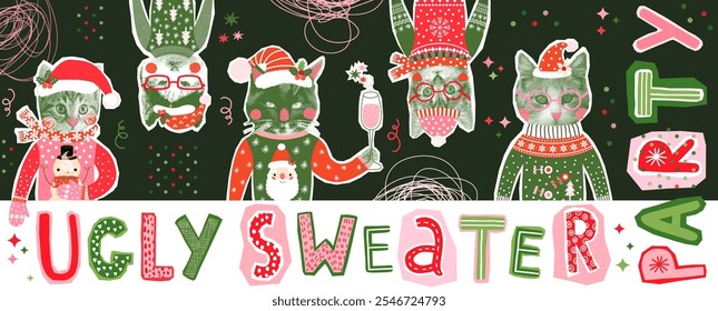 Diseño feo divertido del suéter de la Navidad con los gatos lindos del hipster en estilo del collage del semitono, Anuncio y fondo divertidos del partido
