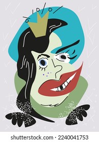 Funny ugly woman vector, humor sticker girl face. 