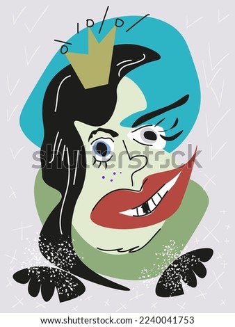 Funny ugly woman vector, humor sticker girl face. 