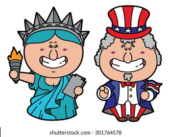 funny Uncle Sam and Statue of Liberty. vector illustration of kawaii Uncle Sam and Statue of Liberty - symbols of USA