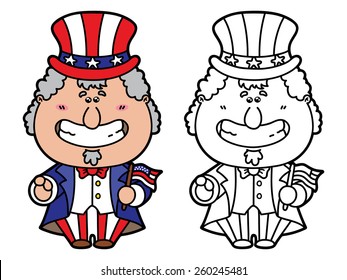 funny Uncle Sam. Vector illustration coloring page of happy cartoon Uncle Sam which is holding American flag for children and scrap book