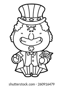 funny Uncle Sam. Vector illustration coloring page of happy cartoon Uncle Sam which is holding American flag for children and scrap book