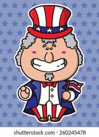 funny Uncle Sam Wants You. vector illustration of kawaii Uncle Sam which is holding american flag