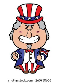 funny Uncle Sam Wants You. vector illustration of kawaii Uncle Sam which is holding american flag