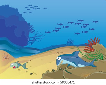 Funny underwater cartoon illustration.