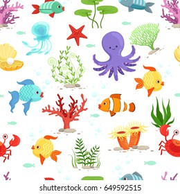 Funny underwater life with sea plants and fishes. Vector seamless pattern