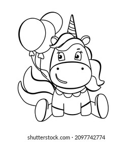 Funny unicorn with balloons coloring book. Cute cartoon pony character in black and white style. For postcards, posters, book illustrations. Vector illustration