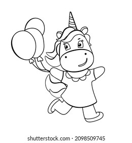 Funny unicorn with balloons coloring book. Cute cartoon pony character in black and white style. For postcards, posters, book illustrations. Vector illustration