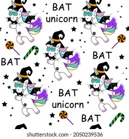 Funny unicorn in a bat costume for halloween seamless pattern. Vector cartoon illustration