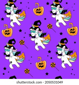 Funny unicorn in a bat costume for halloween and pumpkin seamless pattern. Vector cartoon illustration