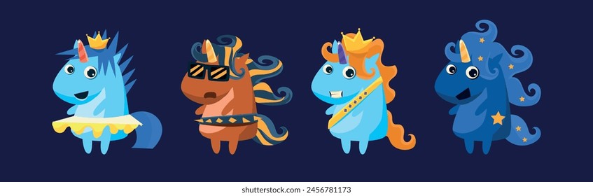 Funny Unicorn Bright Fantastic Animal with Horn and Tail Vector Set