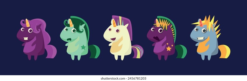 Funny Unicorn Bright Fantastic Animal with Horn and Tail Vector Set
