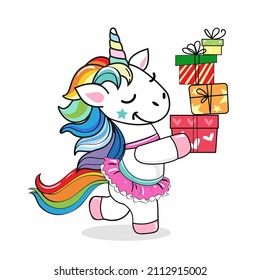 Funny unicorn carries boxes of birthday gifts on a white background. Kawaii style. Vector cartoon illustration