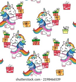 Funny unicorn carries boxes of birthday gifts on a white background seamless pattern. Kawaii style. Vector cartoon illustration for t-shirt print