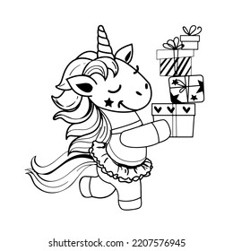 Funny unicorn carries boxes of birthday gifts on a white background. Coloring book for children. Kawaii style. Vector cartoon illustration