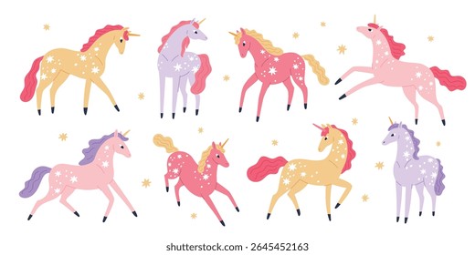 Funny unicorn. Cartoon cute fairytale characters, magic horse with horn with stars, mythical creatures, fantasy mascots, pink animals, childish pony isolated decorative garish vector set