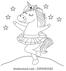 Gracioso baile de dibujos animados unicornio, unicornio en bailes de balelina, ilustración vectorial para libro de colorido