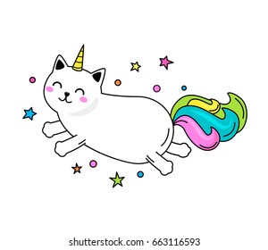 A funny unicorn cat character jumps across the sky. Flat vector illustration