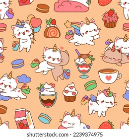 Funny unicorn cats pattern. Pastel colors print, cute kittens with rainbow tails, fairy magical animals and sweets. Decor childish textile, wrapping paper design. tidy vector background