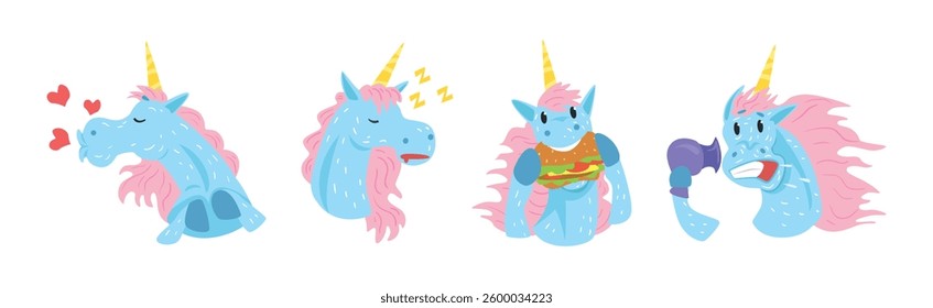 Funny Unicorn Character with Horn and Different Emotion Vector Set