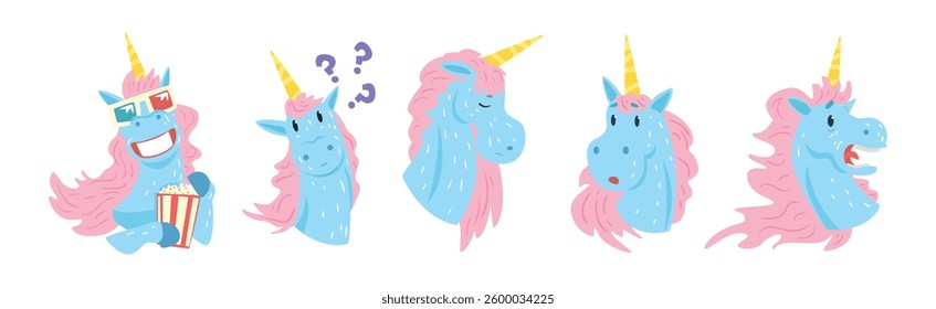 Funny Unicorn Character with Horn and Different Emotion Vector Set