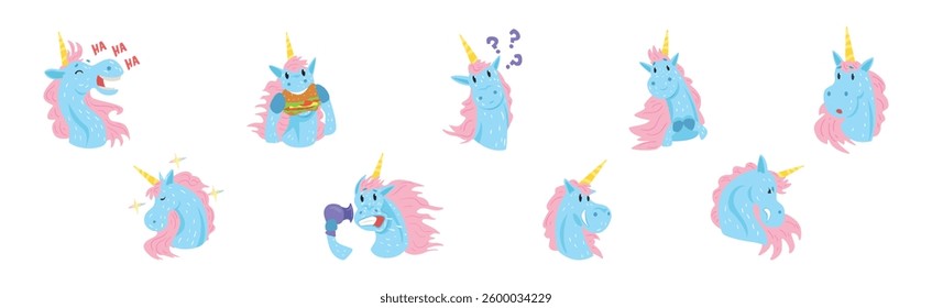 Funny Unicorn Character with Horn and Different Emotion Vector Set
