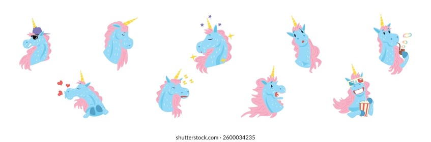 Funny Unicorn Character with Horn and Different Emotion Vector Set