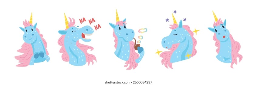 Funny Unicorn Character with Horn and Different Emotion Vector Set