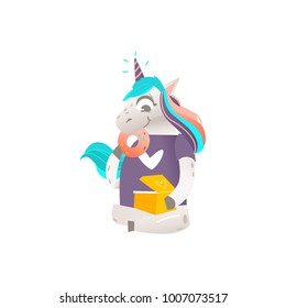 Funny unicorn character with rainbow mane sitting and eating donuts, flat cartoon vector illustration isolated on white background. Full length portrait of sitting unicorn character with box of donuts