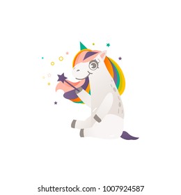 Funny unicorn character with rainbow mane sitting with a magic wand, flat cartoon vector illustration isolated on white background. Full length portrait of sitting unicorn character with magic wand