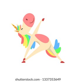 Funny Unicorn Character with Rainbow Mane and Tail Practicing Yoga Exercise Vector Illustration