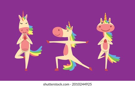 Funny Unicorn Character with Rainbow Mane and Tail Practicing Yoga Exercises Vector Set