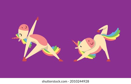 Funny Unicorn Character with Rainbow Mane and Tail Practicing Yoga Exercises Vector Set