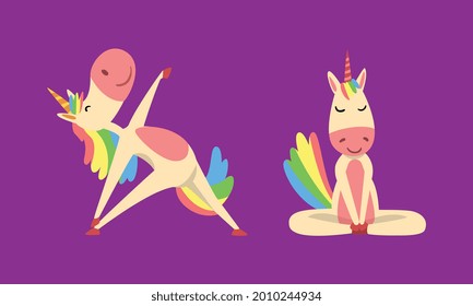 Funny Unicorn Character with Rainbow Mane and Tail Practicing Yoga Exercises Vector Set