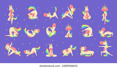 Personaje divertido de unicornio con forma de arcoiris y cola practica yoga de gran vector