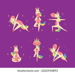 Funny Unicorn Character with Rainbow Mane and Tail Practicing Yoga Exercises Vector Set